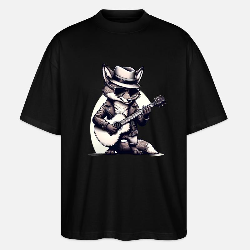 Custom Cartoon Fox Guitar TShirt - Stanley/Stella Oversized Unisex Organic T-shirt Blaster 2.0 - black