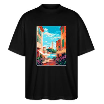 St Tropez France Affiche de voyage vintage souvenir - T-shirt bio Blaster 2.0 coupe oversize Stanley/Stella Unisexe - noir - Devant - Alina (178cm) & Michal (187cm)