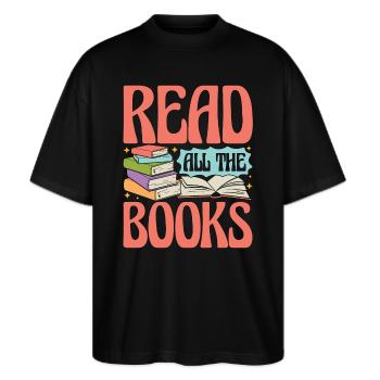 Reading Read All The Books Bookworm Loves Reading - Stanley/Stella Oversized Unisex Bio T-Shirt Blaster 2.0 - Schwarz - Vorne - Alina (178cm) & Michal (187cm)