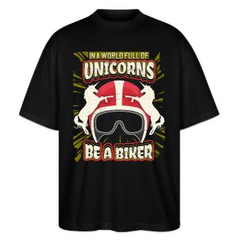 Licorne Licorne Drôle Motard Motard Dire - T-shirt bio Blaster 2.0 coupe oversize Stanley/Stella Unisexe - noir - Devant - Alina (178cm) & Michal (187cm)