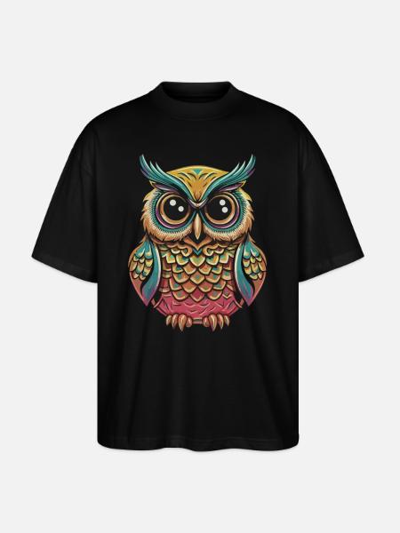 PopArt Owl: Farverig T-shirt til ugleelskere - Stanley/Stella Oversize Unisex Øko T-shirt Blaster 2.0 - sort