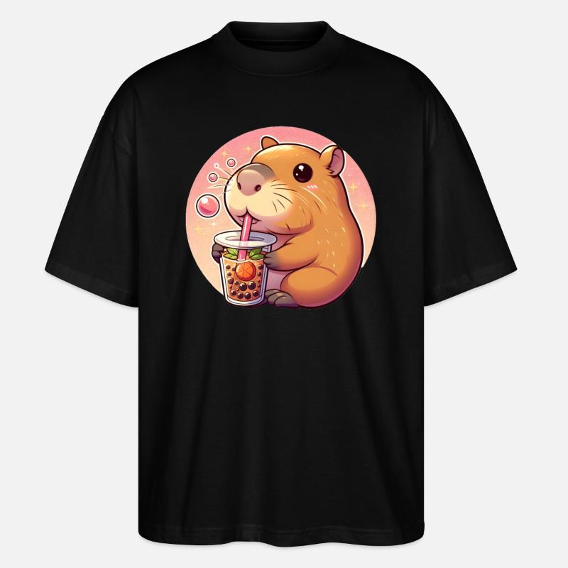 Capybara Enjoys Bubble Tea - Stanley/Stella Oversized Unisex Organic T-shirt Blaster 2.0 - black