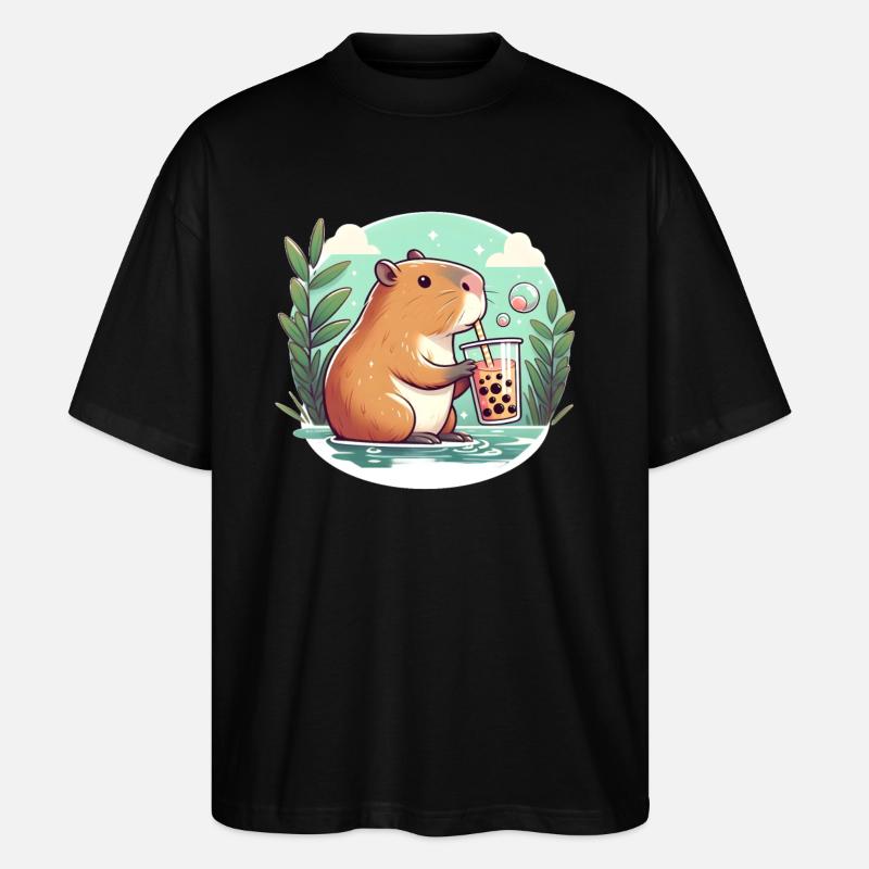 Capybara genießt Bubble Tea - Stanley/Stella Oversized Unisex Bio T-Shirt Blaster 2.0 - Schwarz