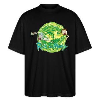 Rick And Morty Multidimensional Travel - Stanley/Stella Oversize Unisex Øko T-shirt Blaster 2.0 - sort - Foran - Alina (178cm) & Michal (187cm)