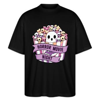 Horrorfilm-Nacht - Stanley/Stella Oversized Unisex Bio T-Shirt Blaster 2.0 - Schwarz - Vorne - Alina (178cm) & Michal (187cm)