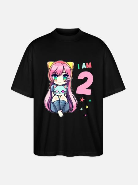 2 ans fille anime kawaii chat 2ème anniversaire - T-shirt bio Blaster 2.0 coupe oversize Stanley/Stella Unisexe - noir