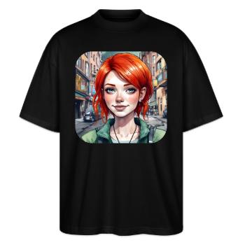 Cooles Mädchen mit roten Haaren - Stanley/Stella Oversized Unisex Bio T-Shirt Blaster 2.0 - Schwarz - Vorne - Alina (178cm) & Michal (187cm)