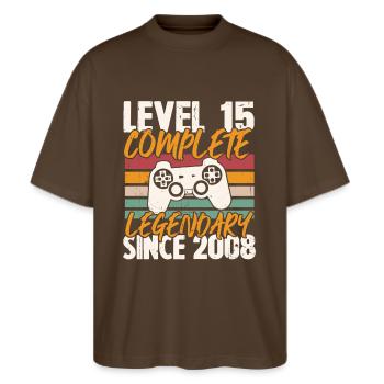 Geburtstagsgeschenk, Level 15 Complete 2008 - Stanley/Stella Oversized Unisex Bio T-Shirt Blaster 2.0 - Dunkelbraun - Vorne - Alina (178cm) & Michal (187cm)