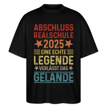 Abschluss Realschule 2025 Legende verlässt Gelände - Stanley/Stella Oversized Unisex Bio T-Shirt Blaster 2.0 - Schwarz - Vorne - Alina (178cm) & Michal (187cm)
