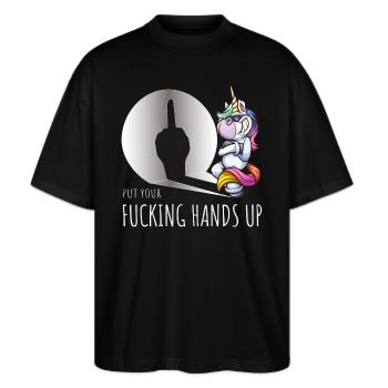 PUT YOUR HANDS UP - Stanley/Stella Oversized Unisex Organic T-shirt Blaster 2.0 - black - Front - Alina (178cm) & Michal (187cm)