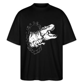 Dino DINOSAURIER GESCHENK T-REX JURASSIC DINOSAUR - Stanley/Stella Oversized Unisex Bio T-Shirt Blaster 2.0 - Schwarz - Vorne - Alina (178cm) & Michal (187cm)