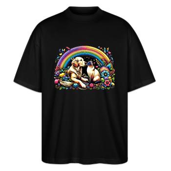 Freundschaftszauber: Hund und Katze - Stanley/Stella Oversized Unisex Bio T-Shirt Blaster 2.0 - Schwarz - Vorne - Alina (178cm) & Michal (187cm)