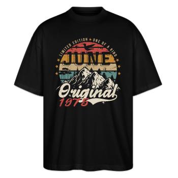 Juni 1975 Jubiläum Juni 1975 Geschenk Juni 1975 - Stanley/Stella Oversized Unisex Bio T-Shirt Blaster 2.0 - Schwarz - Vorne - Alina (178cm) & Michal (187cm)