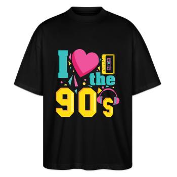 Retro I Love 90s Outfit Herzparty T-Shirt - Stanley/Stella Oversized Unisex Bio T-Shirt Blaster 2.0 - Schwarz - Vorne - Alina (178cm) & Michal (187cm)