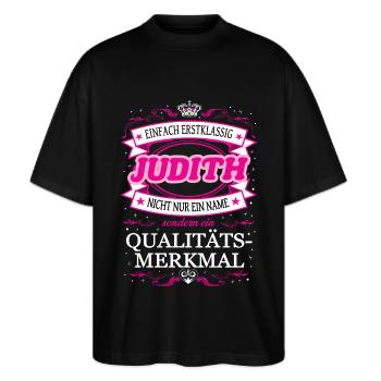 Qualitätsmerkmal Judith einfach Erstklassig - Stanley/Stella Oversized Unisex Bio T-Shirt Blaster 2.0 - Schwarz - Vorne - Alina (178cm) & Michal (187cm)