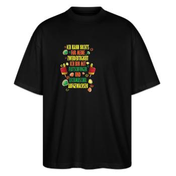 zweideutige Sprüche / Flutschfinger & Leckmuschel - Stanley/Stella Oversized Unisex Bio T-Shirt Blaster 2.0 - Schwarz - Vorne - Alina (178cm) & Michal (187cm)