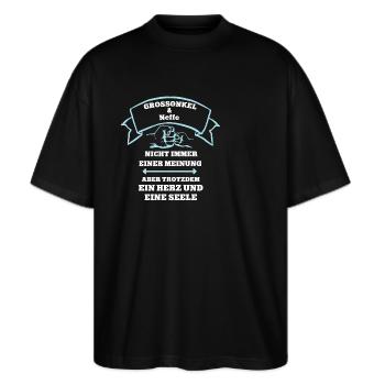 Neffe Grossonkel Partnerlook Team Patenkind Pate - Stanley/Stella Oversized Unisex Bio T-Shirt Blaster 2.0 - Schwarz - Vorne - Alina (178cm) & Michal (187cm)