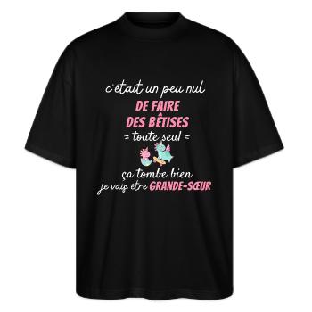 Future Grand Soeur Drôle Annonce Licorne Bêtises - T-shirt bio Blaster 2.0 coupe oversize Stanley/Stella Unisexe - noir - Devant - Alina (178cm) & Michal (187cm)