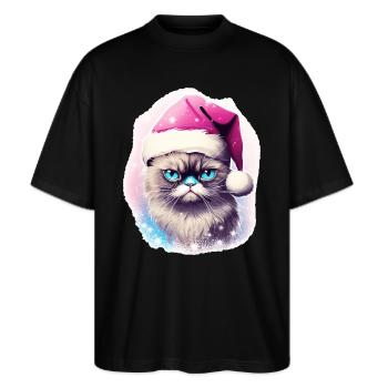 Katze Mit Weihnachtsmütze Weihnachten Outfit - Stanley/Stella Oversized Unisex Bio T-Shirt Blaster 2.0 - Schwarz - Vorne - Alina (178cm) & Michal (187cm)
