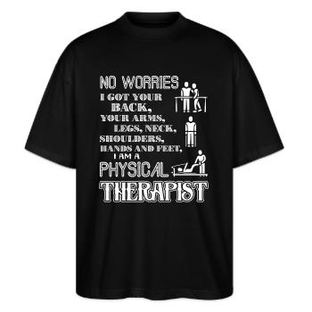 Physiotherapeut Stolzer Physiotherapeut - Stanley/Stella Oversized Unisex Bio T-Shirt Blaster 2.0 - Schwarz - Vorne - Alina (178cm) & Michal (187cm)