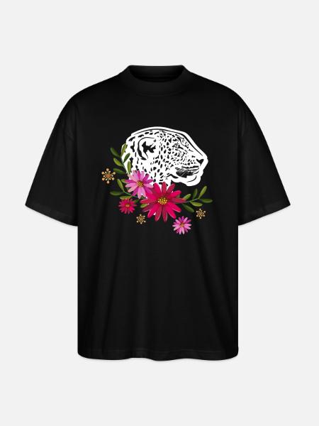 Leopard With Flowers - Stanley/Stella Oversized Unisex Organic T-shirt Blaster 2.0 - black