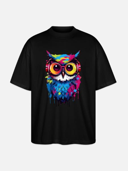 Bunte Eule mit Kopfhörer - Stanley/Stella Oversized Unisex Bio T-Shirt Blaster 2.0 - Schwarz