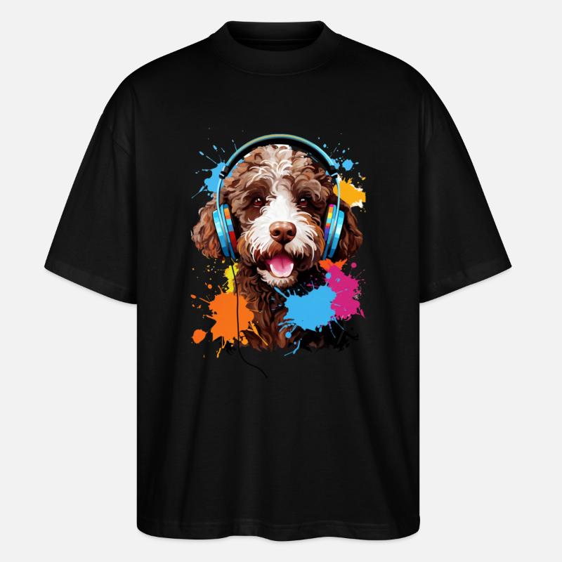 Lagotto Romagnolo mit Kopfhörer - Stanley/Stella Oversized Unisex Bio T-Shirt Blaster 2.0 - Schwarz