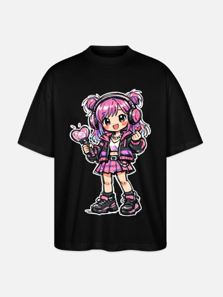 Kawaii Anime Mädchen mit Kopfhörer - Stanley/Stella Oversized Unisex Bio T-Shirt Blaster 2.0 - Schwarz