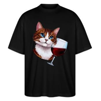 Katze mit Rotwein - Stanley/Stella Oversized Unisex Bio T-Shirt Blaster 2.0 - Schwarz - Vorne - Alina (178cm) & Michal (187cm)