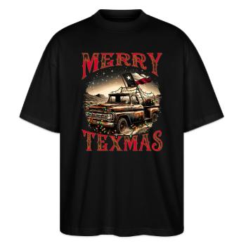 Merry Texmas – Pick-up-truck - Stanley/Stella Oversized Unisex Bio T-Shirt Blaster 2.0 - Schwarz - Vorne - Alina (178cm) & Michal (187cm)