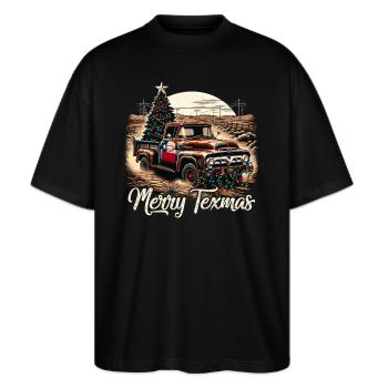 Merry Texmas – Pick-up-truck - Stanley/Stella Oversized Unisex Bio T-Shirt Blaster 2.0 - Schwarz - Vorne - Alina (178cm) & Michal (187cm)
