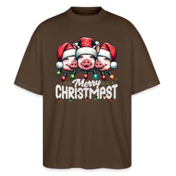 MERRY ChristMAST - Weihnachtsbraten Essen Mahlzeit - Stanley/Stella Oversized Unisex Bio T-Shirt Blaster 2.0 - Dunkelbraun - Vorne - Alina (178cm) & Michal (187cm)