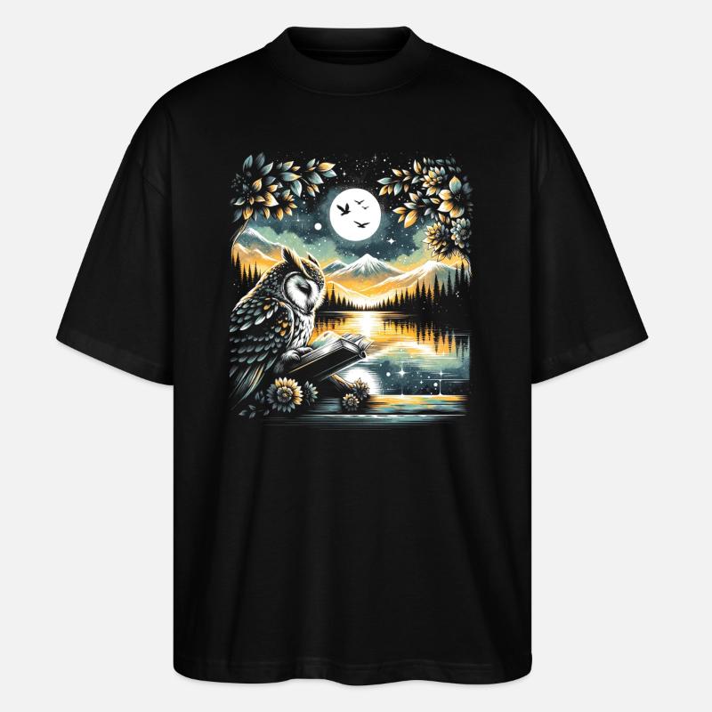 Eulen-lesebuch – Vollmond-seelandschaft - Stanley/Stella Oversized Unisex Bio T-Shirt Blaster 2.0 - Schwarz