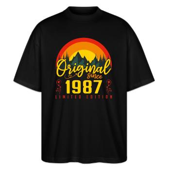 1987 Geburtstagsgeschenk 1987 Jubiläum - Stanley/Stella Oversized Unisex Bio T-Shirt Blaster 2.0 - Schwarz - Vorne - Alina (178cm) & Michal (187cm)