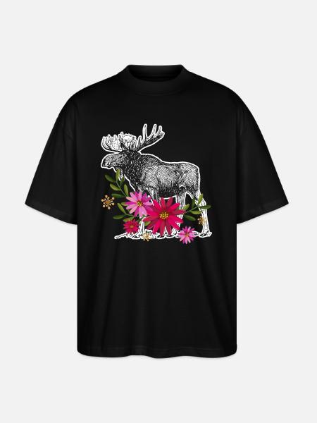 Moose With Flowers - Stanley/Stella Oversized Unisex Organic T-shirt Blaster 2.0 - black