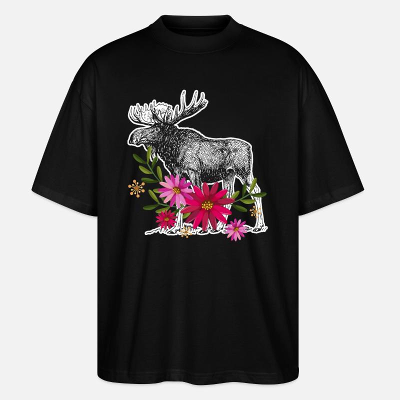 Moose With Flowers - Stanley/Stella Oversized Unisex Organic T-shirt Blaster 2.0 - black