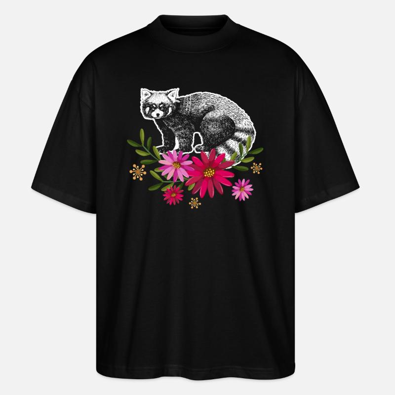 Red Panda With Flowers - Stanley/Stella Oversized Unisex Organic T-shirt Blaster 2.0 - black