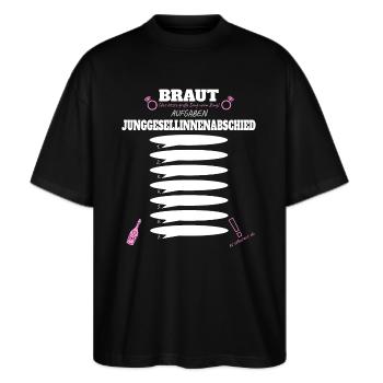 Braut Junggesellenabschied Frauen Aufgaben Lustig - Stanley/Stella Oversized Unisex Bio T-Shirt Blaster 2.0 - Schwarz - Vorne - Alina (178cm) & Michal (187cm)
