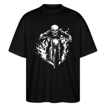 Biker Totenkopf Motorrad Geschenk - Stanley/Stella Oversized Unisex Bio T-Shirt Blaster 2.0 - Schwarz - Vorne - Alina (178cm) & Michal (187cm)