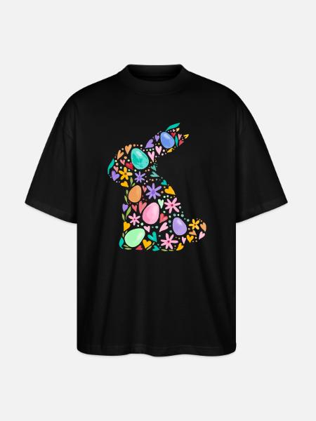 Farverig påskehare, påskeæg, blomster, påskegrafik - Stanley/Stella Oversize Unisex Øko T-shirt Blaster 2.0 - sort