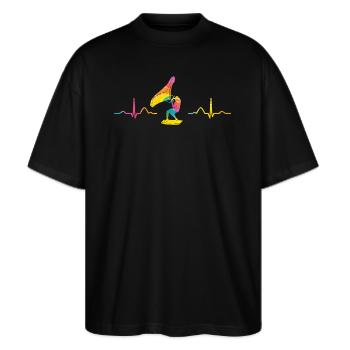 Flügel Surfer Wingsurfing Retro Folie Flügel - Stanley/Stella Oversized Unisex Bio T-Shirt Blaster 2.0 - Schwarz - Vorne - Alina (178cm) & Michal (187cm)