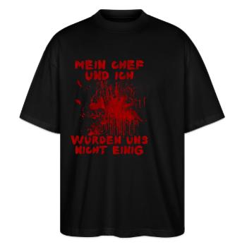 Mein Chef und ich wurden uns nicht einig Halloween - Stanley/Stella Oversized Unisex Bio T-Shirt Blaster 2.0 - Schwarz - Vorne - Alina (178cm) & Michal (187cm)