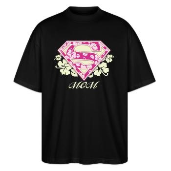 Superman 'S-Shield Mom' - Stanley/Stella Oversized Unisex Bio T-Shirt Blaster 2.0 - Schwarz - Vorne - Alina (178cm) & Michal (187cm)