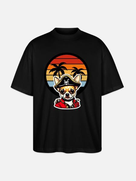 Chihuahua Pirate in Caribbean Sunset Palm Trees - Stanley/Stella Oversized Unisex Organic T-shirt Blaster 2.0 - black