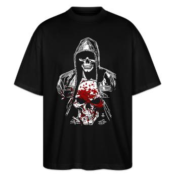 Blutiger Skelett Dämon - Stanley/Stella Oversized Unisex Bio T-Shirt Blaster 2.0 - Schwarz - Vorne - Alina (178cm) & Michal (187cm)