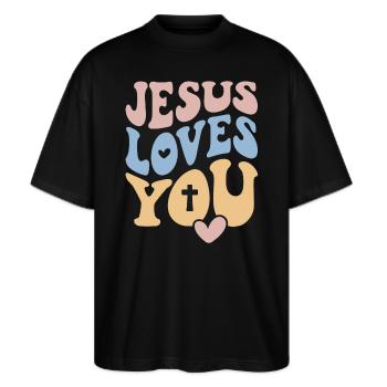Jesus Christus Gott Loves You Liebt Dich Bibelvers - Stanley/Stella Oversized Unisex Bio T-Shirt Blaster 2.0 - Schwarz - Vorne - Alina (178cm) & Michal (187cm)