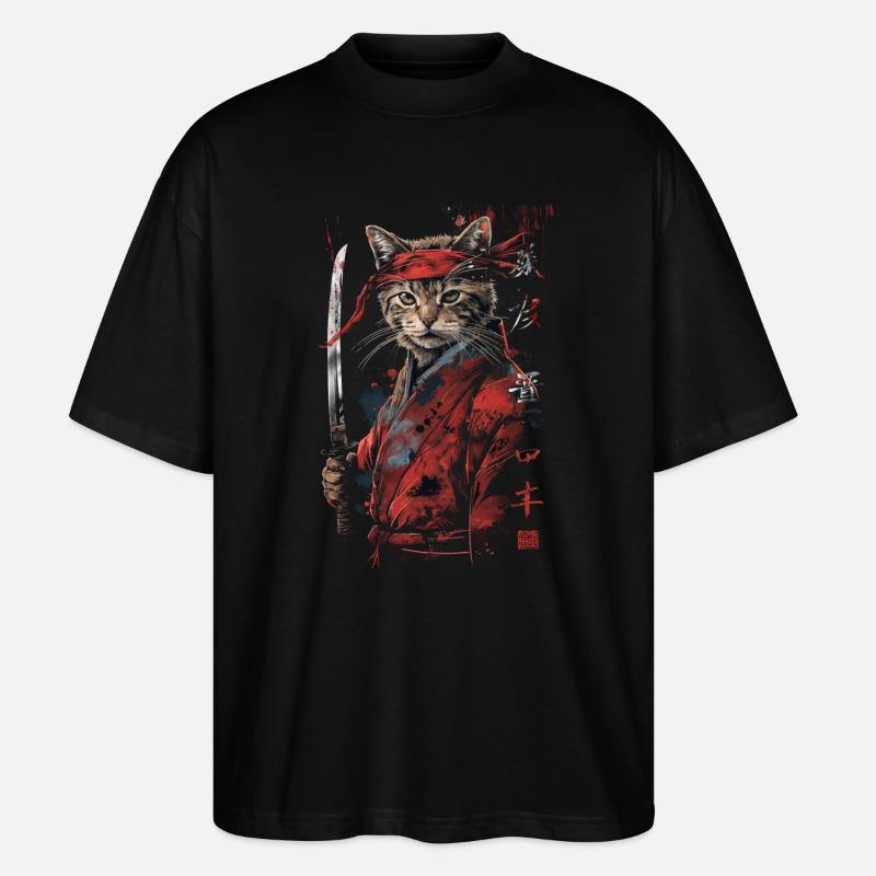 Katze Samurai Lustiges Geschenk - Stanley/Stella Oversized Unisex Bio T-Shirt Blaster 2.0 - Schwarz