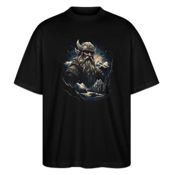 Wikinger Langschiff Skandinavien Erforschung - Stanley/Stella Oversized Unisex Bio T-Shirt Blaster 2.0 - Schwarz - Vorne - Alina (178cm) & Michal (187cm)