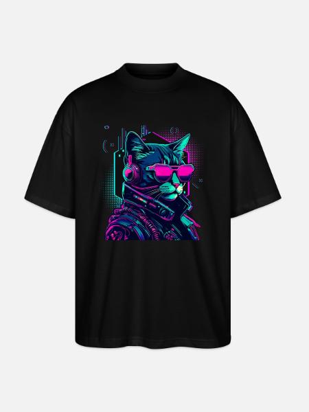 Cyberpunk Cat with Sunglasses - Stanley/Stella Oversized Unisex Organic T-shirt Blaster 2.0 - black