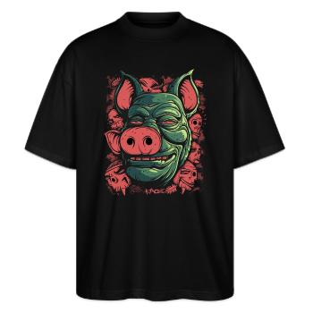 Dschungel Insel Tiki Schwein - Stanley/Stella Oversized Unisex Bio T-Shirt Blaster 2.0 - Schwarz - Vorne - Alina (178cm) & Michal (187cm)